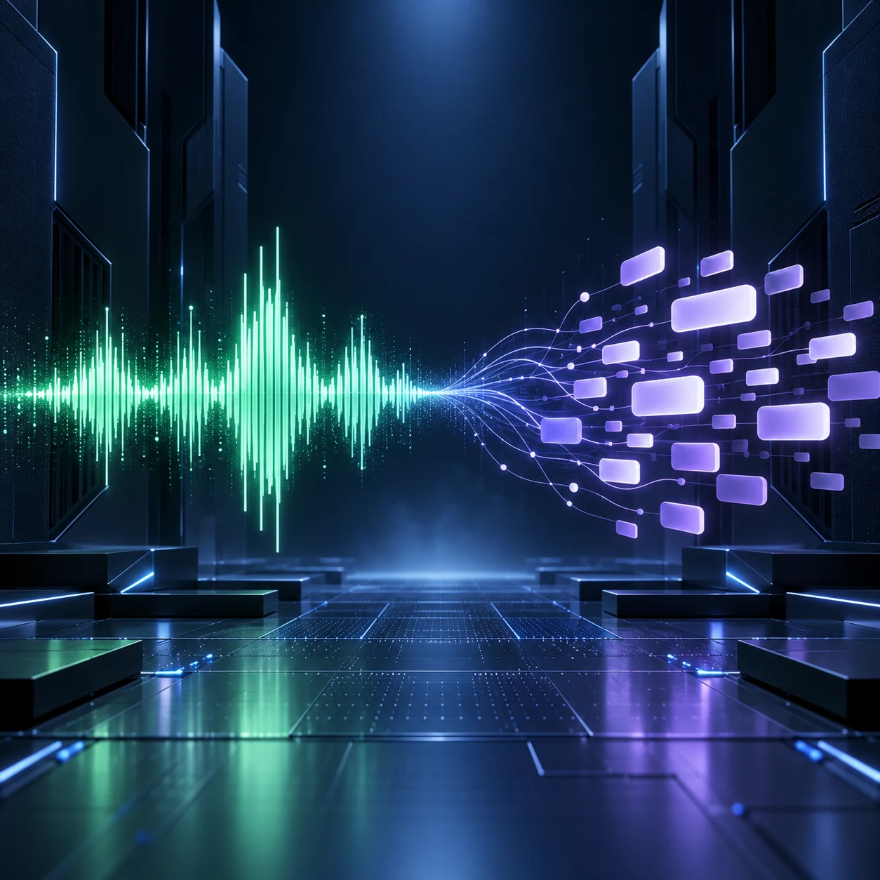 Audio waveform becoming structured language across a dark technical grid